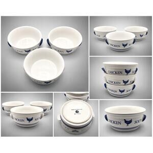 FTD Vintage Chicken Soup Bowls Set 3 Ceramic Blue White Hen Crocks Korea
